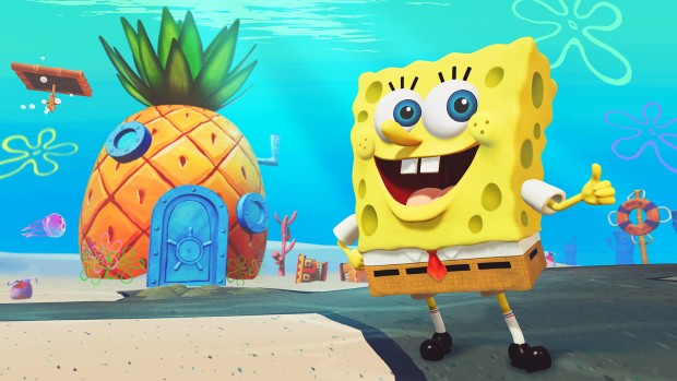 SpongeBob SquarePants: Battle for Bikini Bottom - Rehydrated close up screenshot of SpongeBob