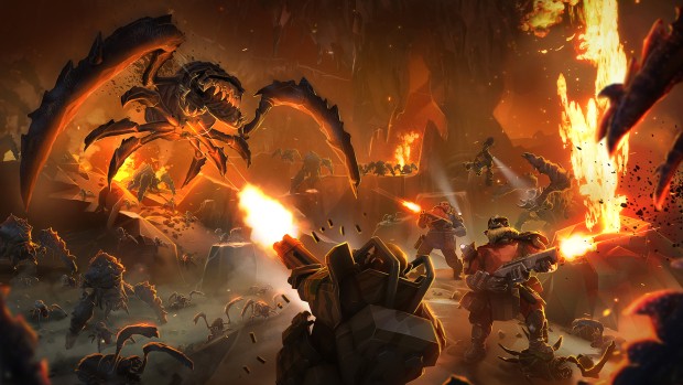 Deep Rock Galactic artwork showing the Dwarves fighting against bugs