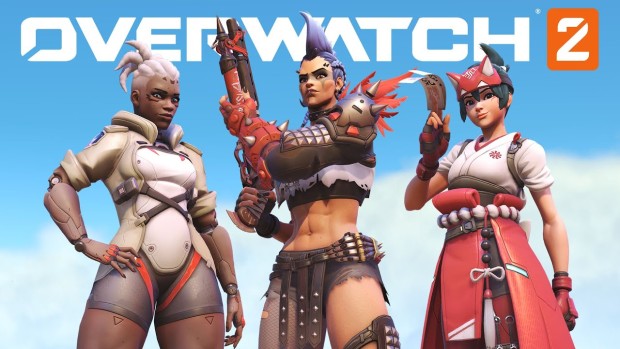 Overwatch 2 artwork showing off Sojourn, Junker Queen and Kiriko along with the logo