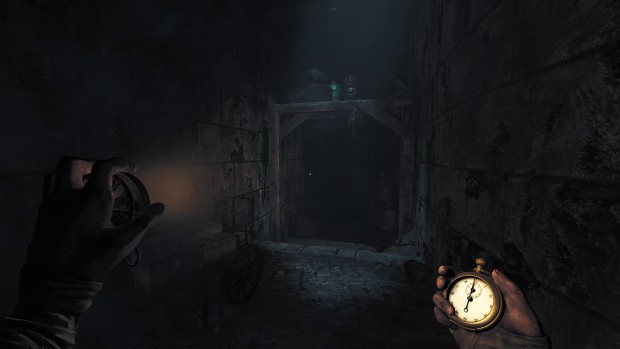 Amnesia: The Bunker atmospheric horror game screenshot of a dimly lit corridor