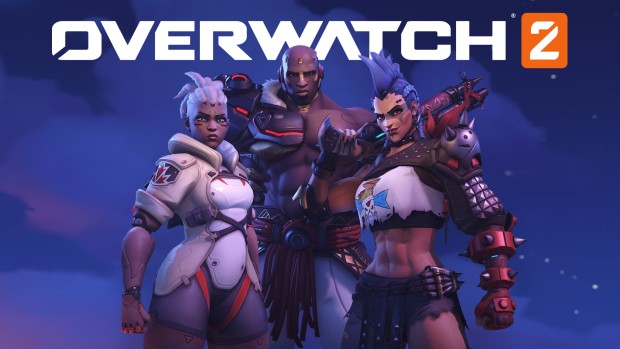 Overwatch 2 artwork with logo showing off the Junker Queen, Doomfist and Sojourn