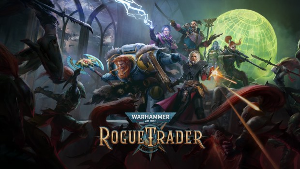 Warhammer 40,000: Rogue Trader artwork and logo showing off the characters