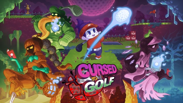 Cursed to Golf indie roguelite golf platformer key art with the logo