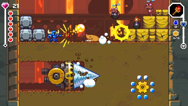Shovel Knight action-roguelike spin-off screenshot of a gigantic drill going through the level