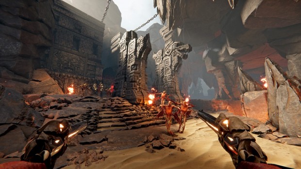 Metal: Hellsinger heavy metal inspired first-person shooter screenshot of a bunch of flayed demons in a ruined temple