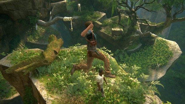 Remastered version of Uncharted Legacy of Thieves Collection PC screenshot showing a jungle sneak attack