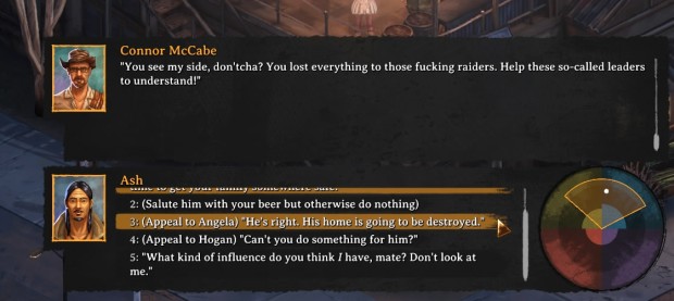 Broken Roads, Fallout inspired RPG, screenshot of tough decisions in dialogue