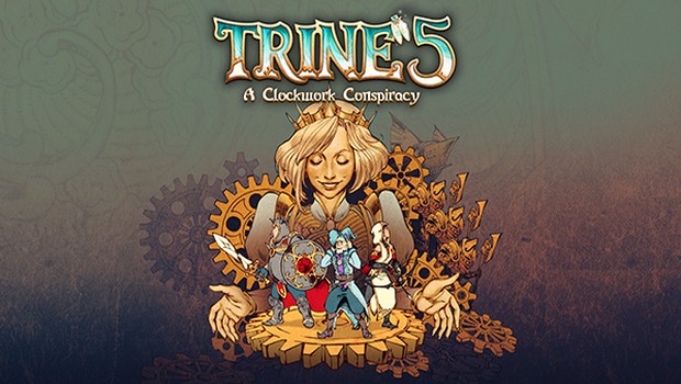 Trine 5: A Clockwork Conspiracy official artwork and logo for the co-op focused puzzle-platformer