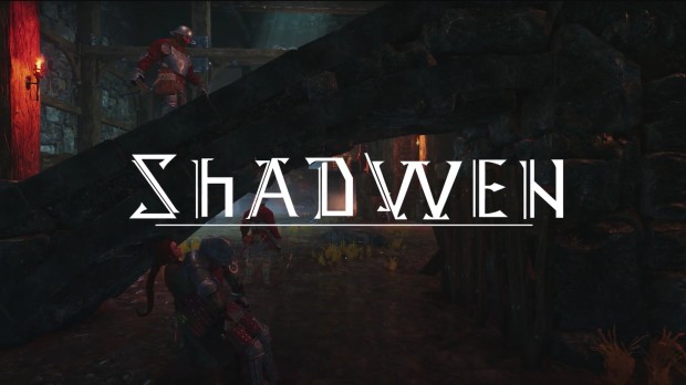 Main character in shadwen stealthily dragging a body beneath the logo