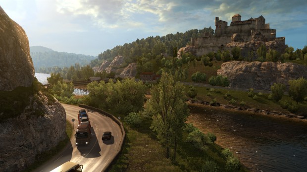 Euro Truck Simulator 2 Vive la France DLC screenshot showing a castle on a hill