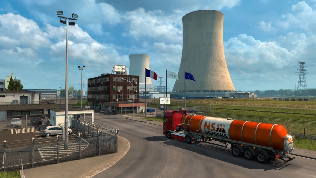 Viva la France DLC for Euro Truck Simulator showing off a giant power plant