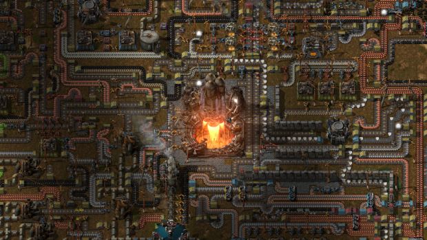 Factorio screenshot of a gigantic factory launching a rocket