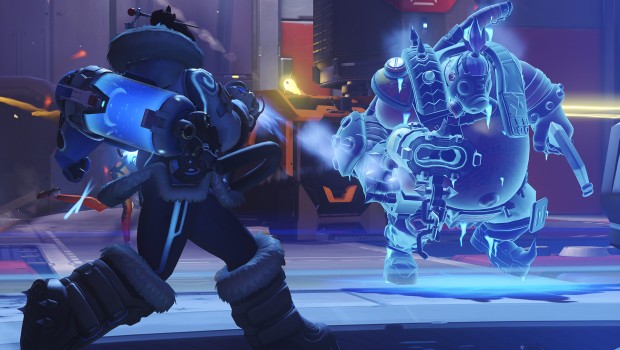 Overwatch Mei fighting against Roadhog