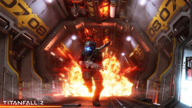 Titanfall 2's character running away from a giant fireball