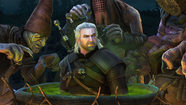 The Witcher 3 humorous Halloween screenshot of Geralt in a cauldron