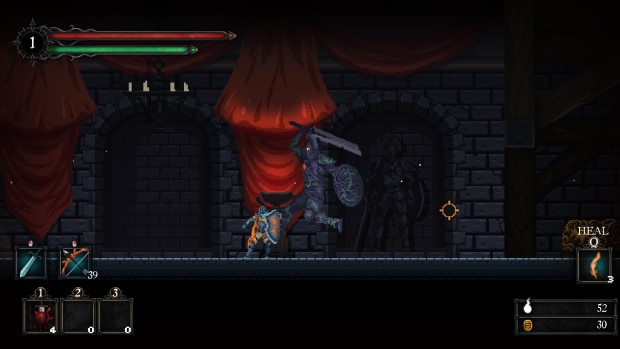 Death's Gambit screenshot of a player using a shield to block a jump attack