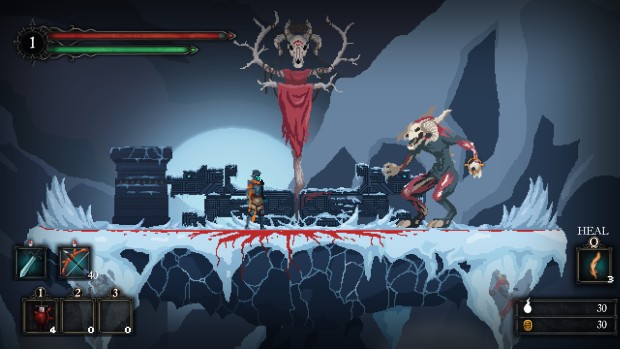 Death's Gambit screenshot of a skeletal boss on the snowy map