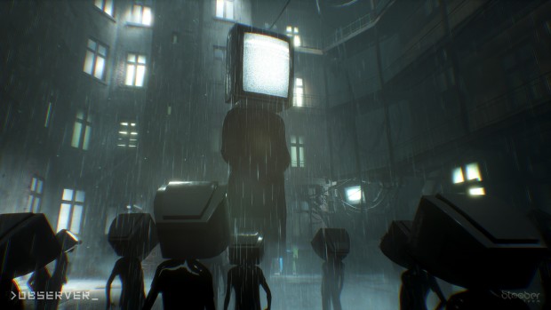 Observer screenshot of a bunch of humanoid TV screens with static on them