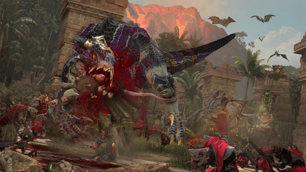 Total War: Warhammer 2 screenshot of a Carnosaur destroying Skaven forces