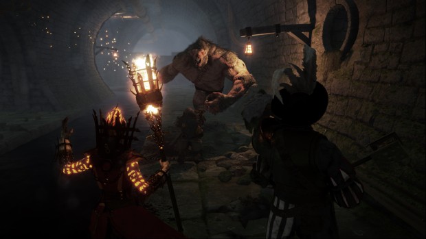 Vermintide screenshot of a Rat Ogre charging our characters