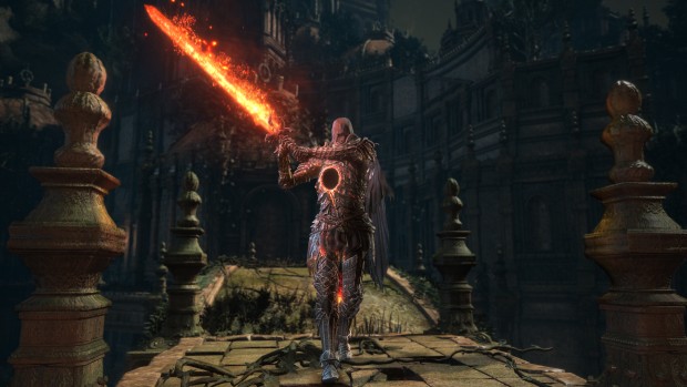 Dark Souls 3's The Ringed City dlc screenshot of a hollow knight and a flaming sword
