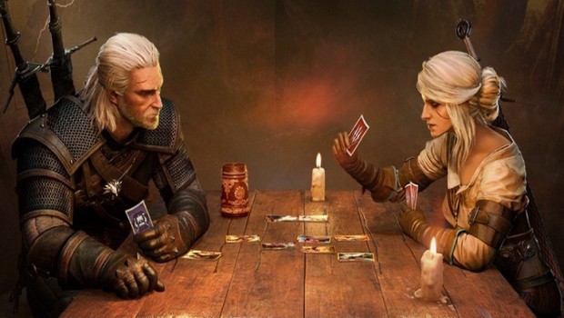 Gwent artwork showing Geralt and Ciri playing a match