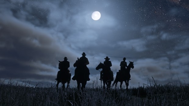 Red Dead Redemption 2 screenshot showing riders cloaked in shadows