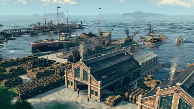 Anno 1800 screenshot of a highly busy and very smoky harbor