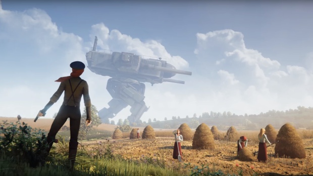 Iron Harvest screenshot of a gigantic mech in the distance