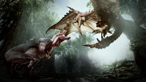 Monster Hunter: World screenshot of two giant beasts fighting