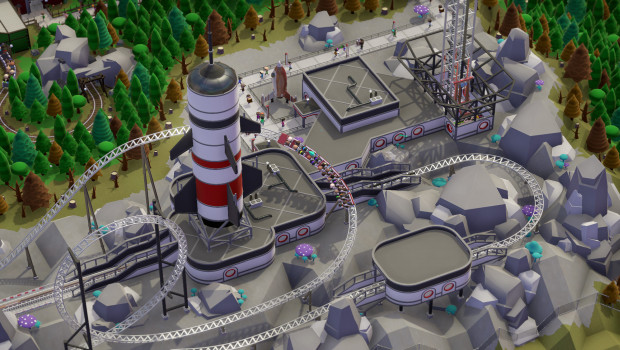 Parkitect screenshot of some space-themed rollercoasters