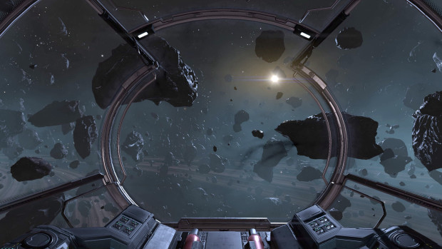 X4: Foundations screenshot of a ship flying through an asteroid field