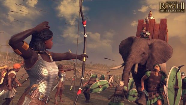 Total War: Rome 2 Desert Kingdoms screenshots of archers fighting an elephant