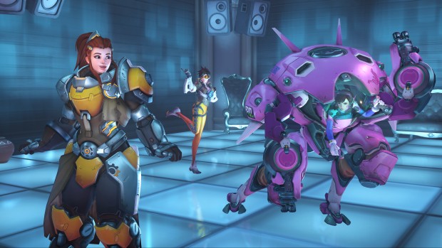 Overwatch anniversary 2018 screenshot of D.Va Tracer and Brigitte dancing