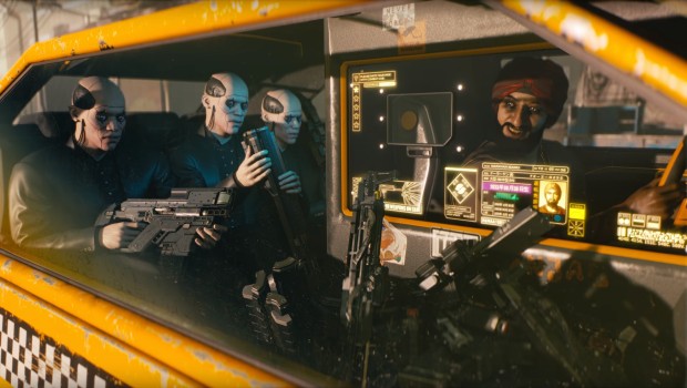 Cyberpunk 2077 screenshot of a rather interesting taxi from the trailer