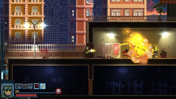 Door Kickers: Action Squad screenshot of some lovely pixel artwork and an explosion