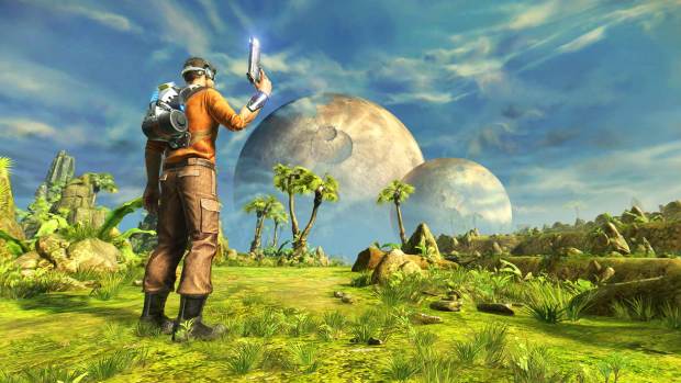 Official screenshot of Outcast - Second Contact showing two moons