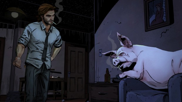 The Wolf Among Us screenshot showing Bigby and a pig smoking