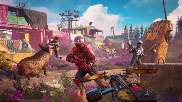 Far Cry: New Dawn screenshot of the player and a boar attacking enemies