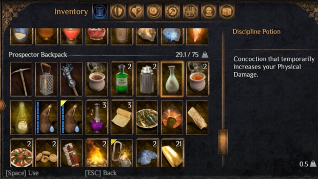 Outward screenshot of potions in the inventory system