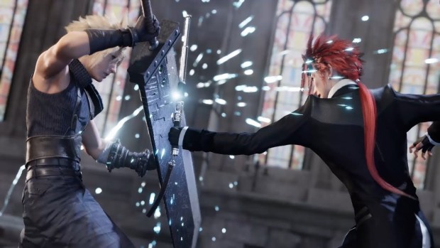 Screenshot of a cinematic battle from Final Fantasy VII Remake's trailer