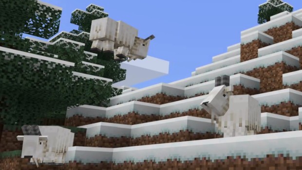 Minecraft screenshot of mountain goats from the Caves & Cliffs update