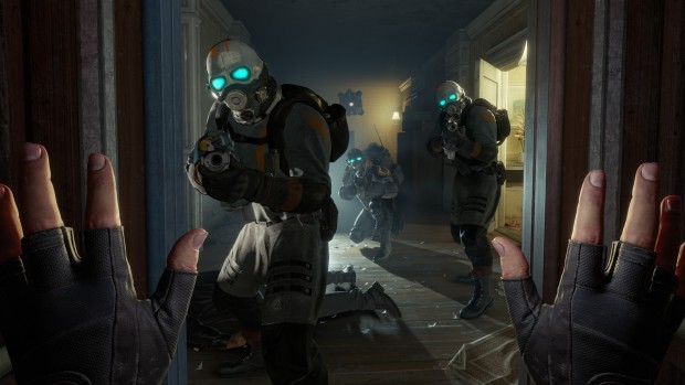 Half-Life: Alyx screenshot of multiple Combine soldiers attacking the player