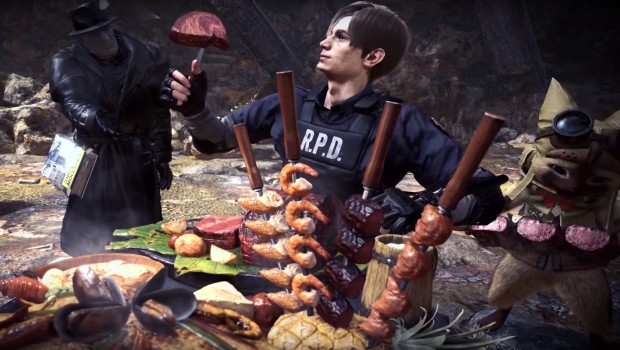 Monster Hunter: World - Iceborne screenshot of Resident Evil 2's Leon and Mr. X