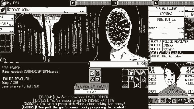 World of Horror Junji Ito inspired game screenshot of the ribcage woman monster