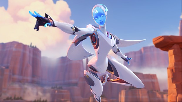 Overwatch's newest hero Echo pointing to the left