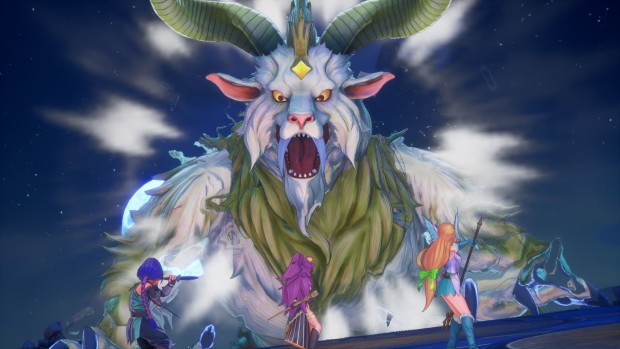 Trials of Mana gameplay screenshot of three characters fighting a boss