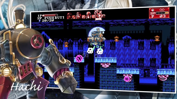 Bloodstained: Curse of the Moon 2 screenshot of Hachi the corgi in a mech