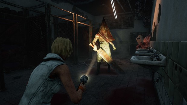 Screenshot of Dead By Daylight's version of Silent Hill's Pyramid Head and Cherly Mason