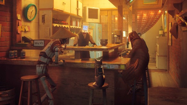 Stray game screenshot of the cat sitting at a bar with a bunch of robots